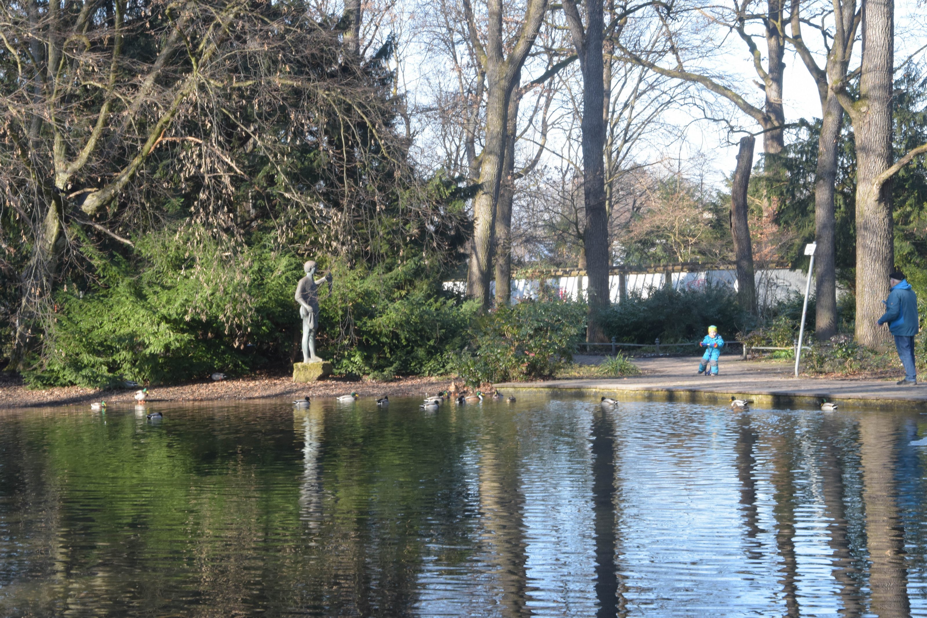 Ententeich im Nordosten des Hirschgarten. Es ist eine Statue am Teichrand, Enten auf dem Wasser und ein Kind mit Vater zu sehen. 